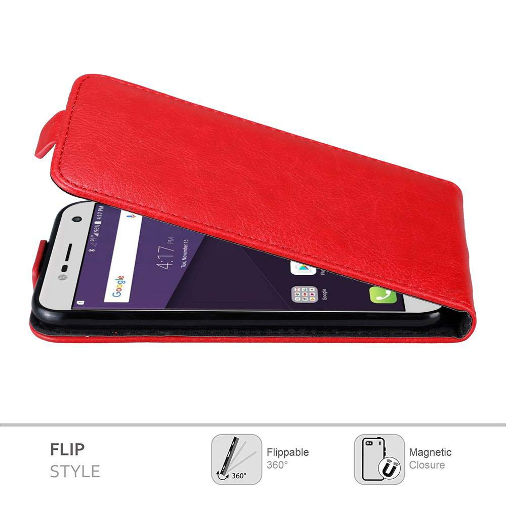 Rote Flip-Handyhülle, geöffnet, Telefon sichtbar, Datum/Uhrzeit auf dem Bildschirm.