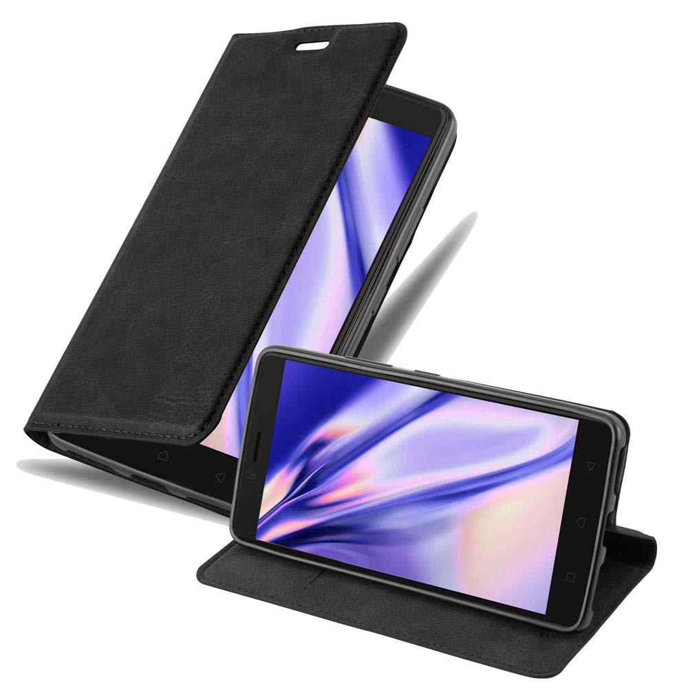 Funda de teléfono negra abierta. Teléfono dentro, pantalla visible.