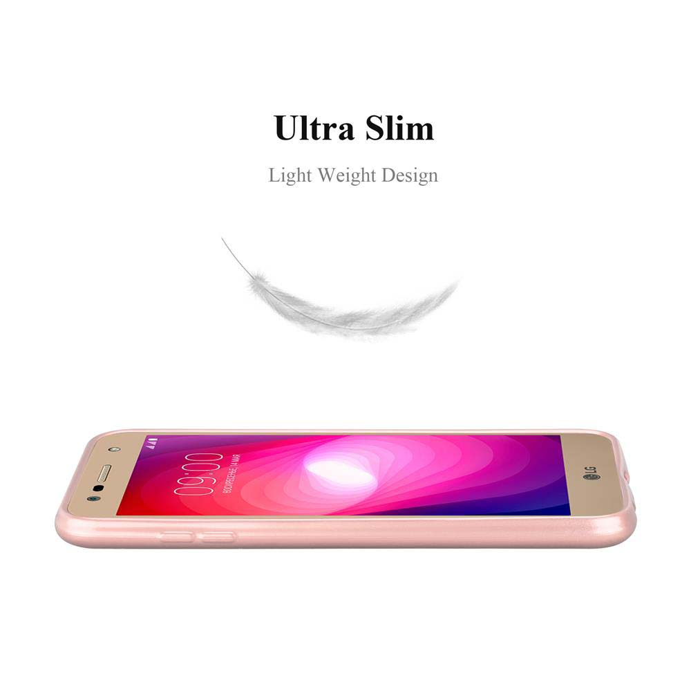 Telefono rosa in una custodia rosa con una piuma sopra. Testo: Ultra Slim.