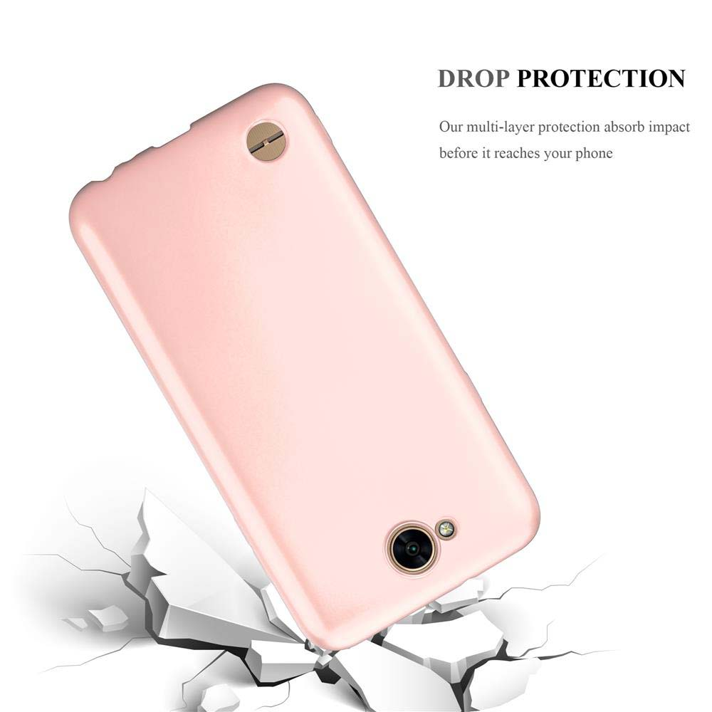 Custodia rosa per telefono cade su superficie bianca, creando crepe. Testo: Protezione anticaduta.