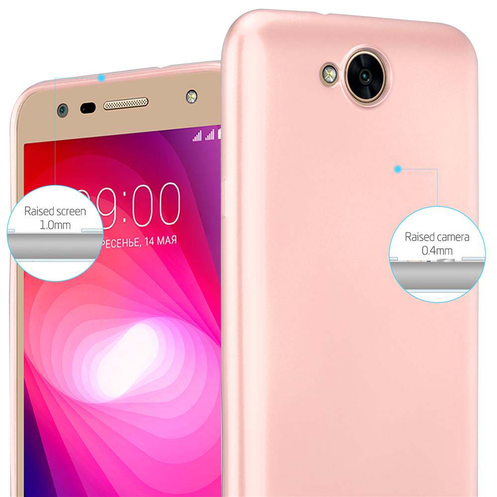 Un telefono e una custodia rosa. Il telefono mostra l'ora. La custodia ha un ritaglio per la fotocamera e una superficie liscia.