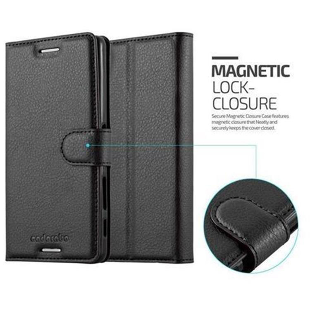 Custodia per telefono in pelle nera con chiusura magnetica. La custodia è aperta, mostrando l'interno.