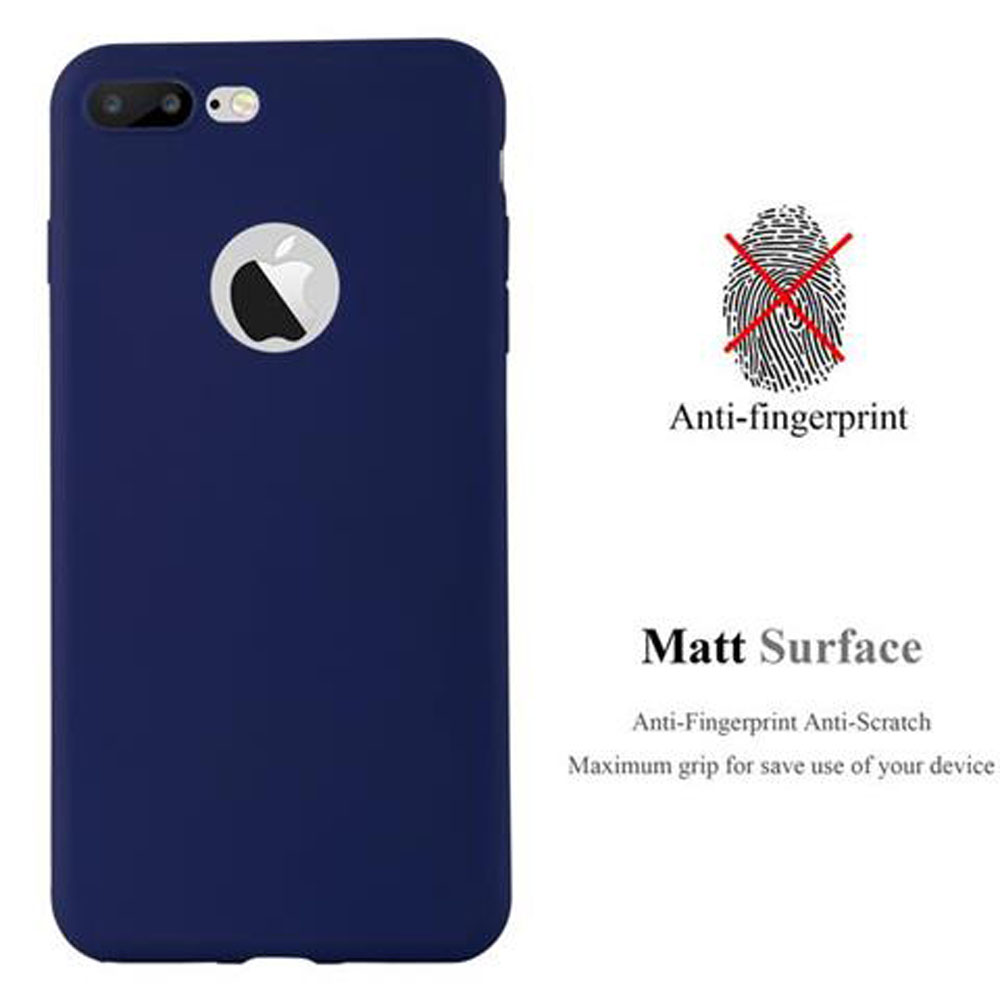 Eine dunkelblaue Handyhülle mit Apple-Logo und Anti-Fingerabdruck-Text.