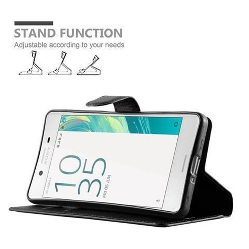 Custodia nera per telefono con funzionalità stand. Lo schermo del telefono mostra l'ora. Funzionalità stand evidenziate.