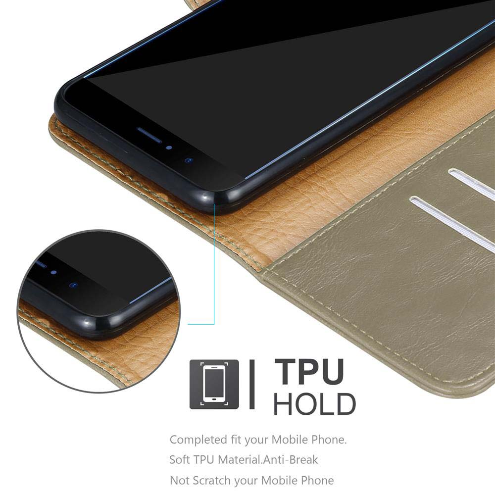 Telefono in una custodia a portafoglio, aperto. Testo: TPU HOLD.