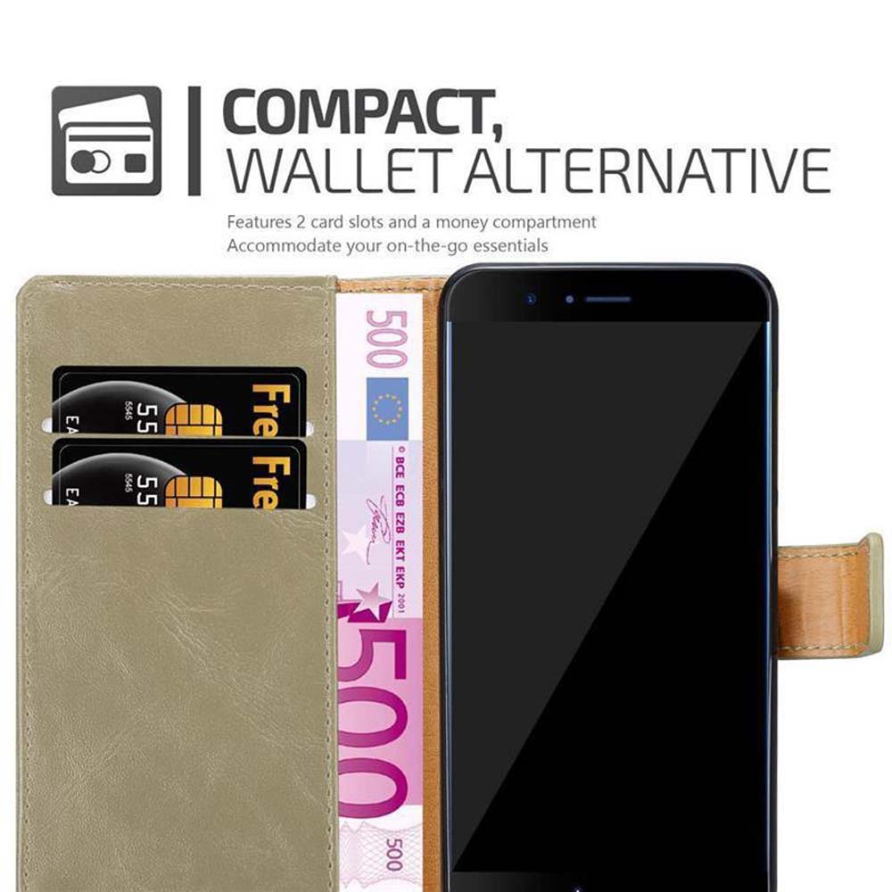 Custodia per telefono aperta con carte e denaro. La custodia è grigia con un telefono nero all'interno.