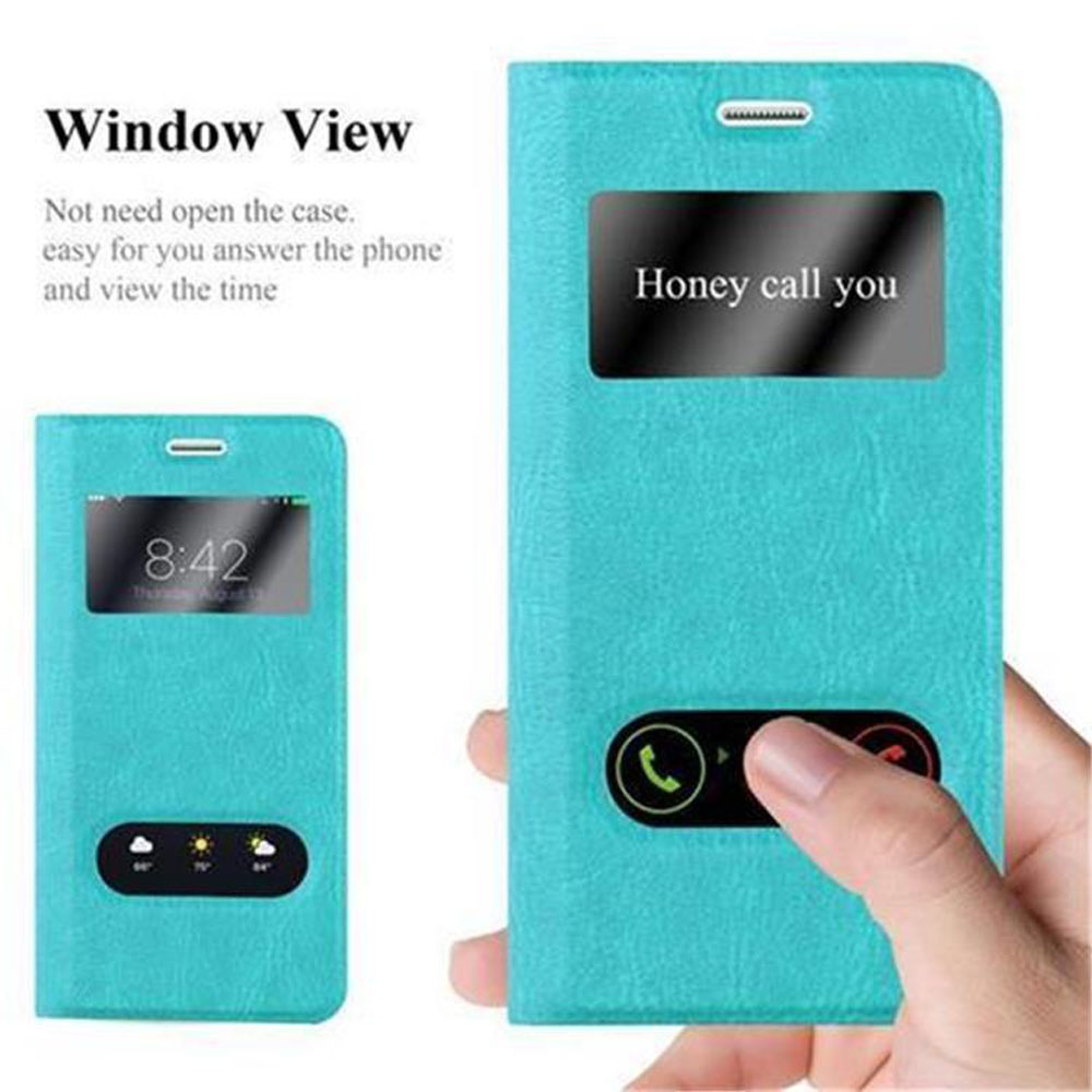 Funda de teléfono turquesa con ventana que muestra la pantalla del teléfono. Muestra la hora y una notificación de llamada.