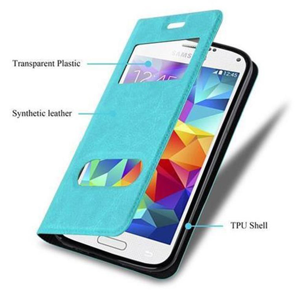 Funda de teléfono azul, con un teléfono dentro. La funda es de cuero sintético y plástico transparente.