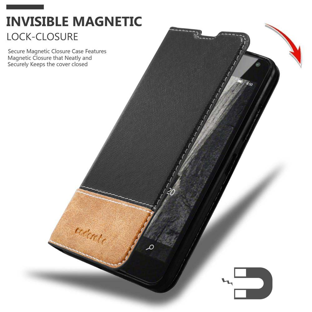 Una funda para teléfono con una mano abriéndola, mostrando el diseño, el cierre magnético y el teléfono.