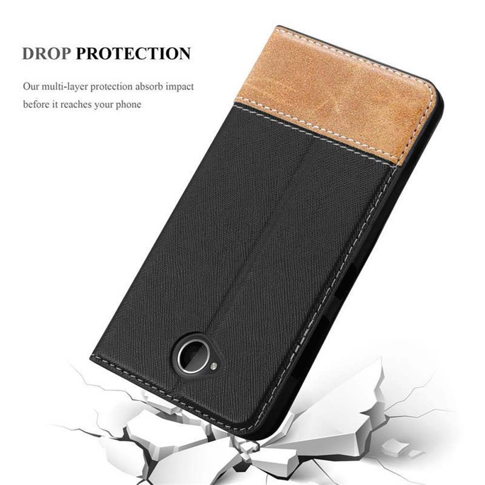 Funda negra con parte superior marrón y teléfono negro. Texto: Protección contra caídas.