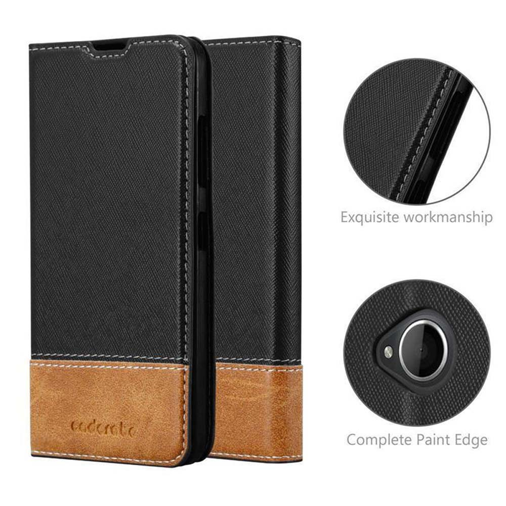 Funda de teléfono negra y marrón con costuras blancas. Detalles de la funda y los bordes del teléfono.
