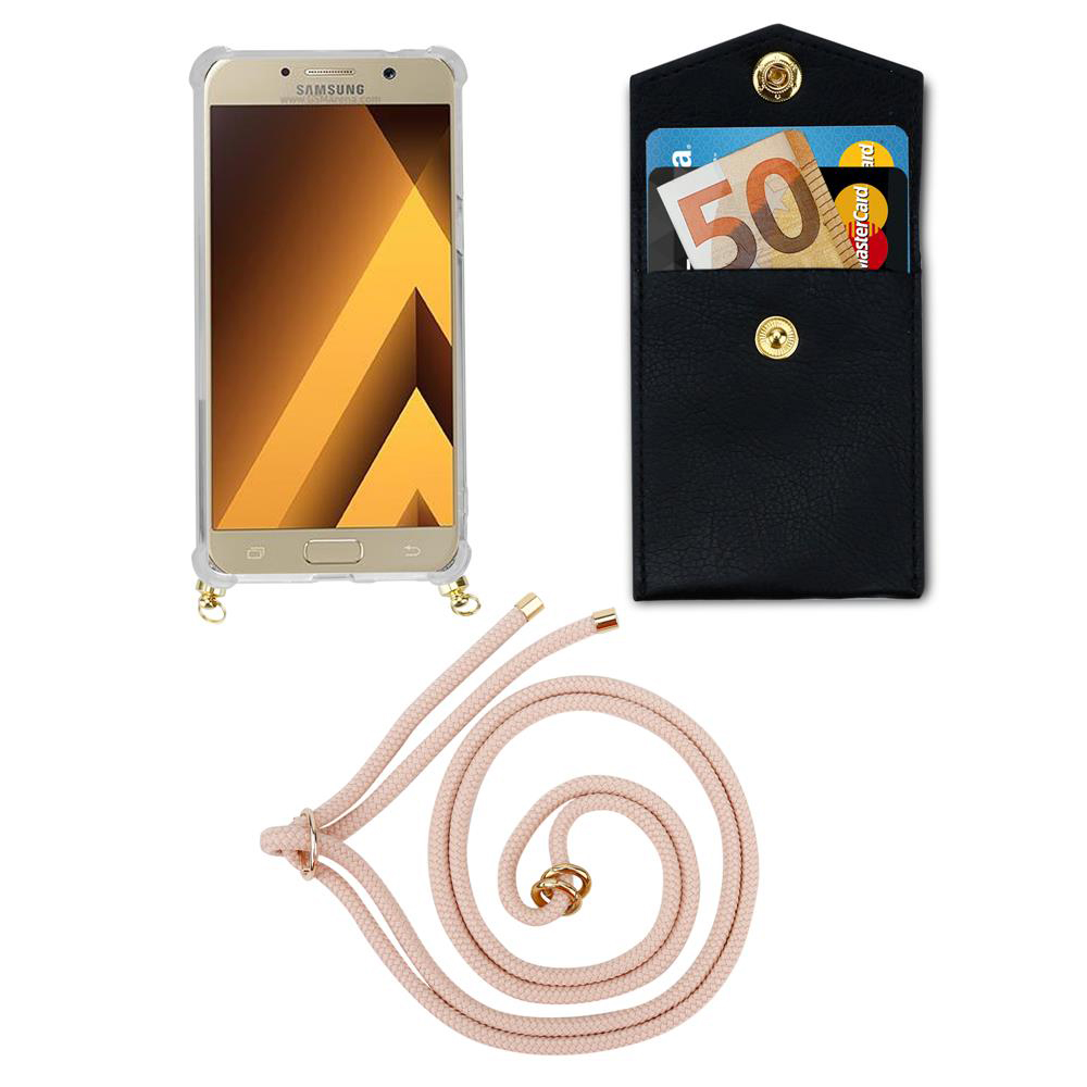 Telefono con custodia trasparente e un piccolo portafoglio con carte. C'è un cordino rosa.