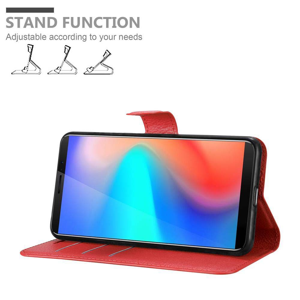 Custodia rossa per telefono in posizione stand. Lo schermo è visibile e visualizzato in orizzontale.