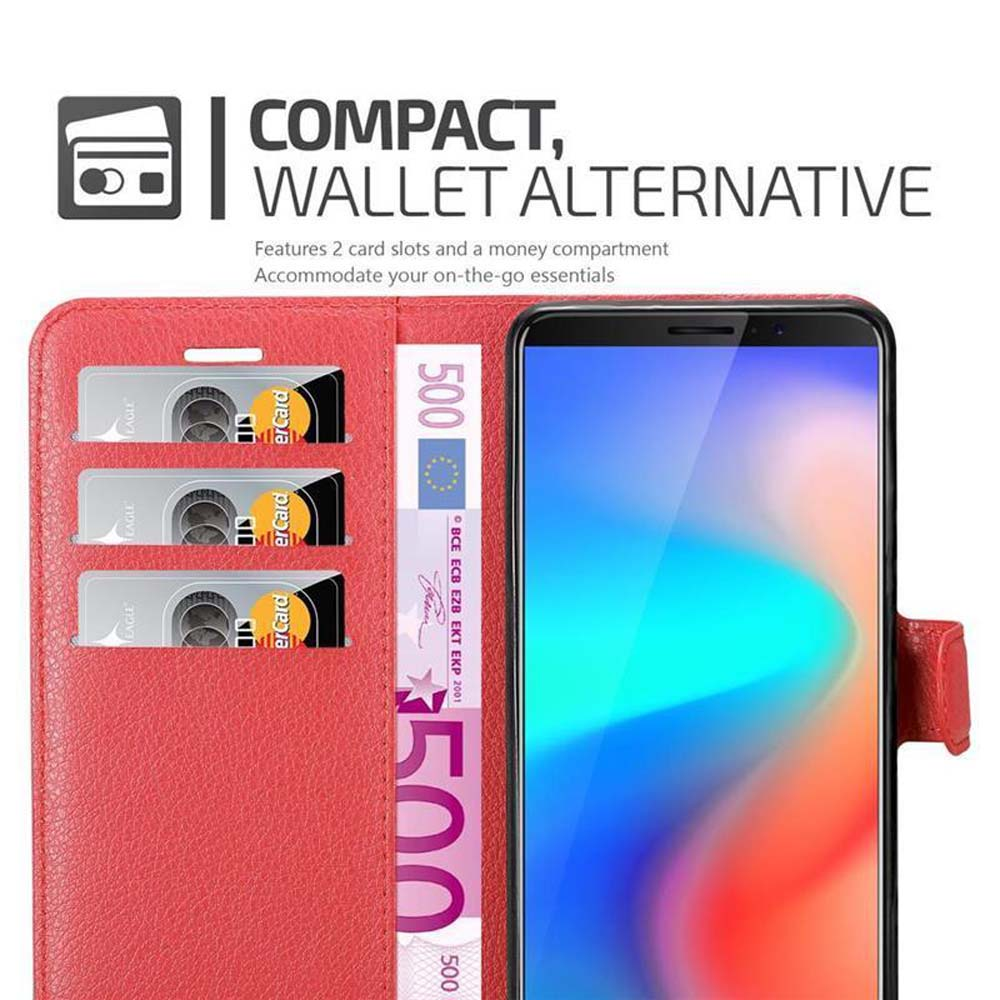 Una custodia rossa con un telefono, carte e denaro all'interno.