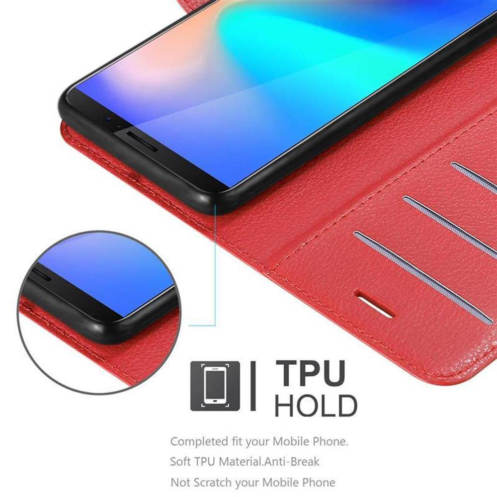 Custodia rossa aperta. Telefono all'interno. Etichetta TPU HOLD. Sfondo bianco.