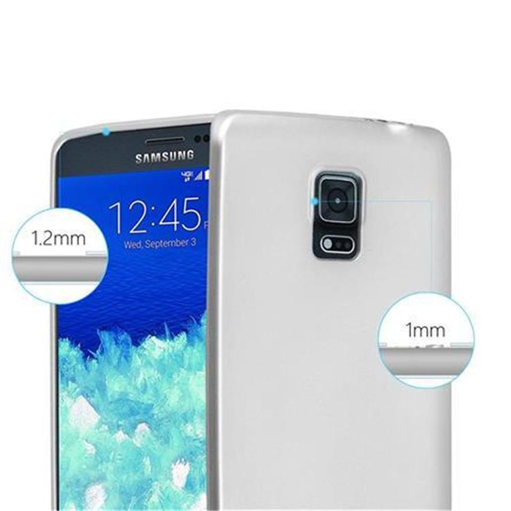 Una custodia bianca per telefono accanto a un telefono Samsung, con dettagli dello spessore.
