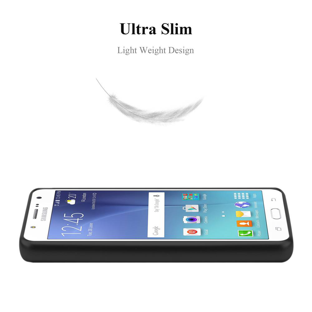Schwarzes Telefon in einer schwarzen Hülle mit einer weißen Feder darüber. Die Hülle ist ultraschlank.