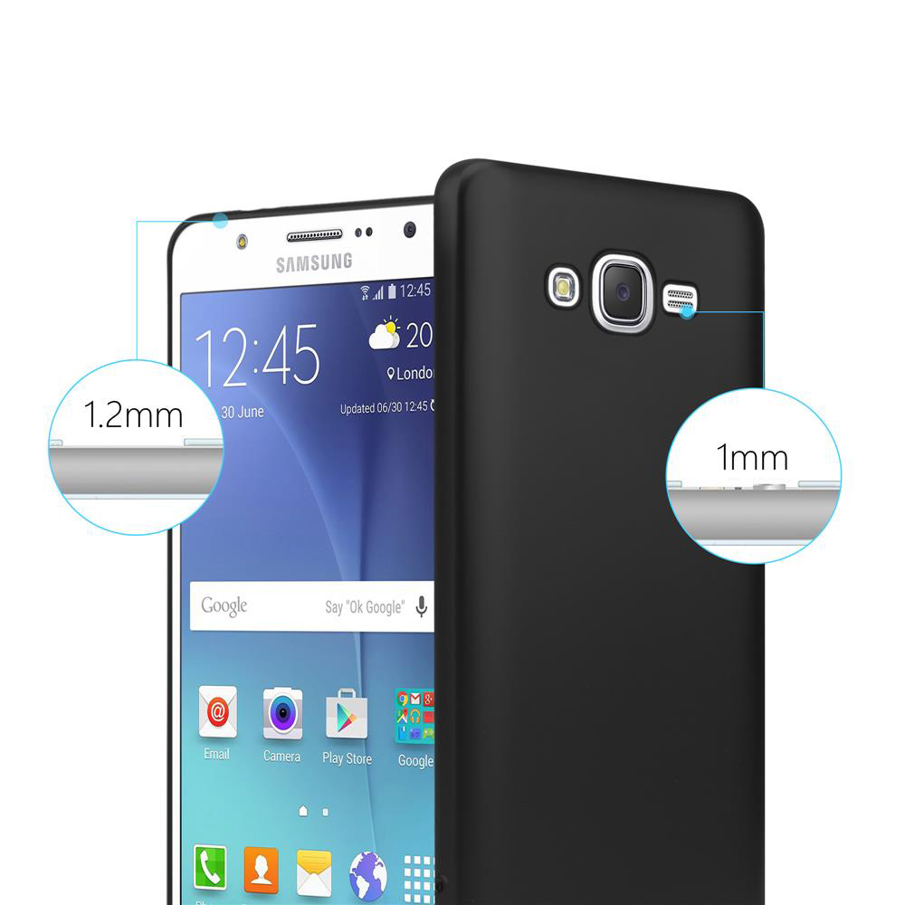 Telefon mit schwarzem Gehäuse. Telefonbildschirm sichtbar. Gehäuse hat 1,2 mm Dicke. Rückseite hat 1 mm Dicke.