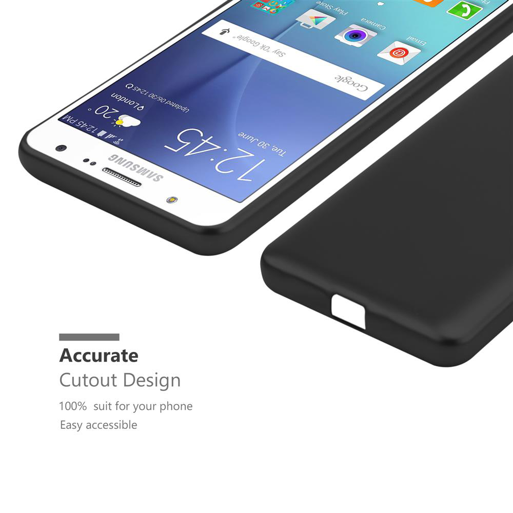 Ein schwarzes Telefon in einer Hülle, neben einer anderen Hülle. Text unten lautet 'Accurate Cutout Design'.