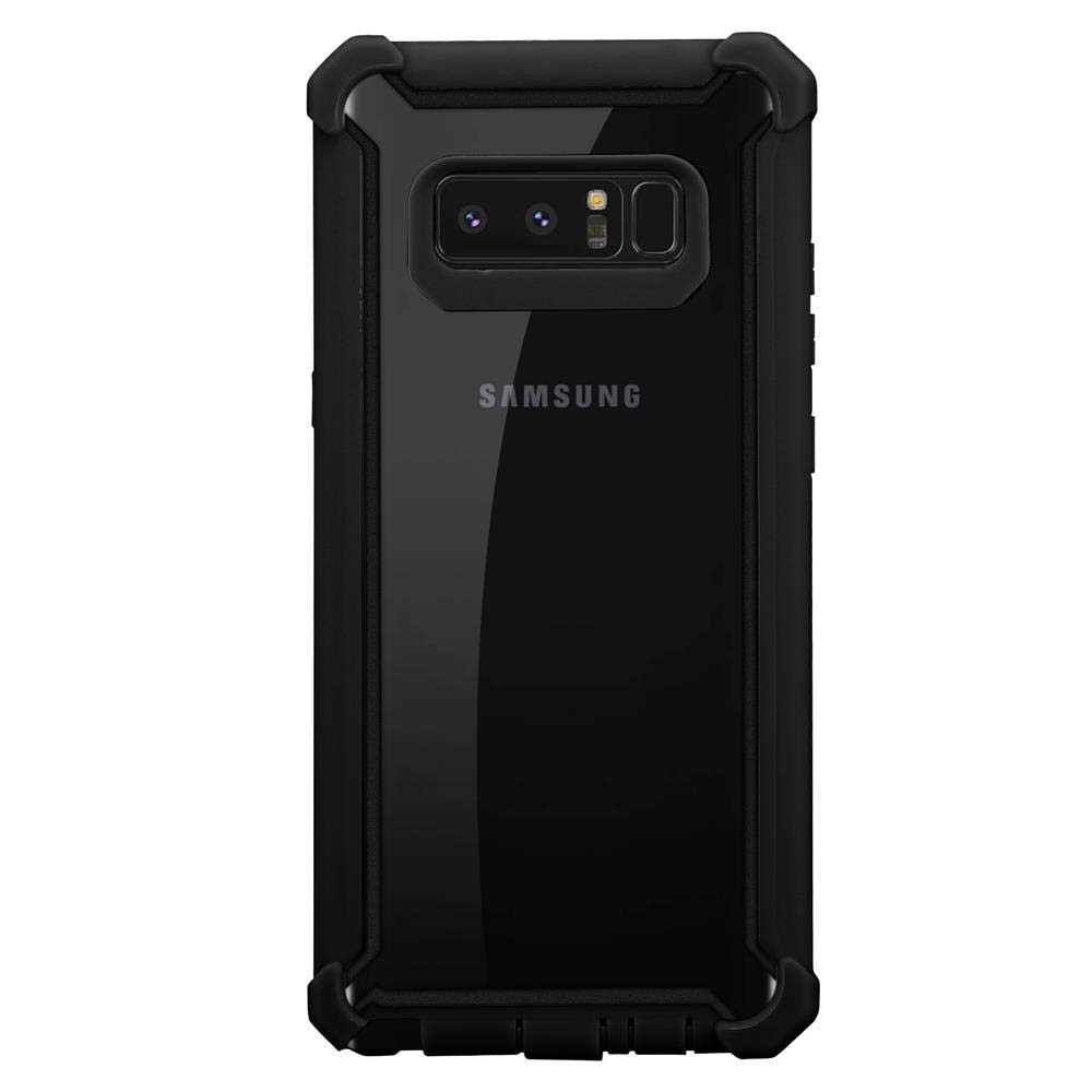 Schwarzes Telefon in robuster schwarzer Hülle, mit durchsichtigem Rücken. Samsung-Logo sichtbar.
