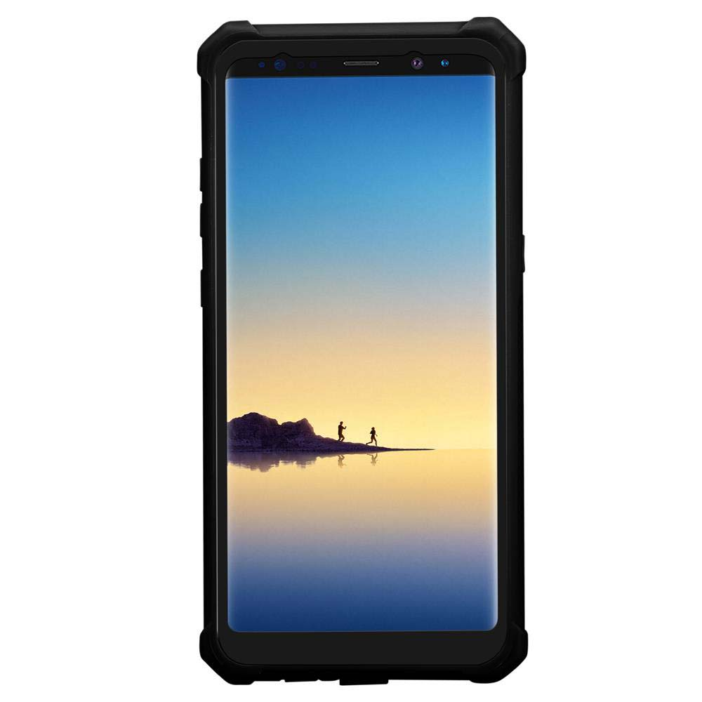 Schwarzes Telefon in einer schwarzen Hülle. Landschaftsbild auf dem Bildschirm. Schwarze Hülle um das Telefon.