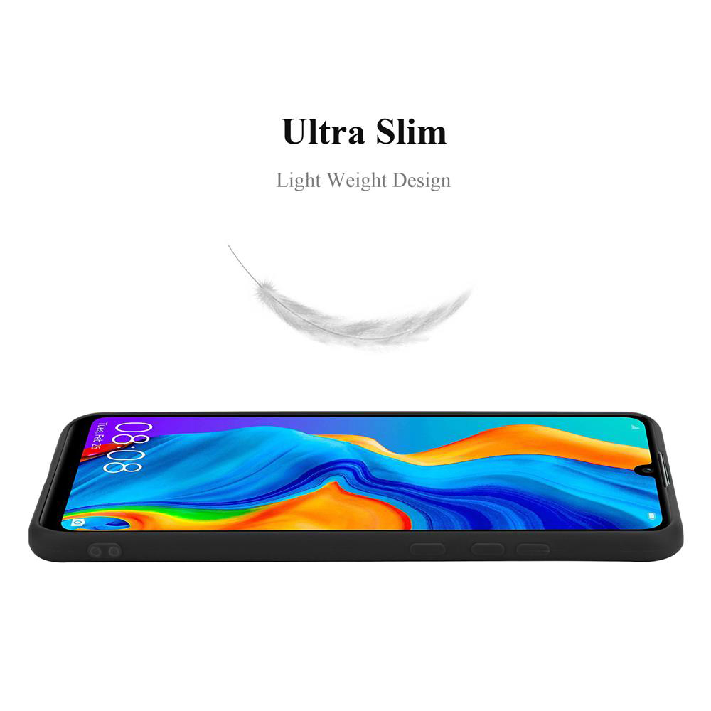 Custodia nera con telefono all'interno. Una piuma che fluttua sopra. Testo Ultra Slim e Light Weight Design.