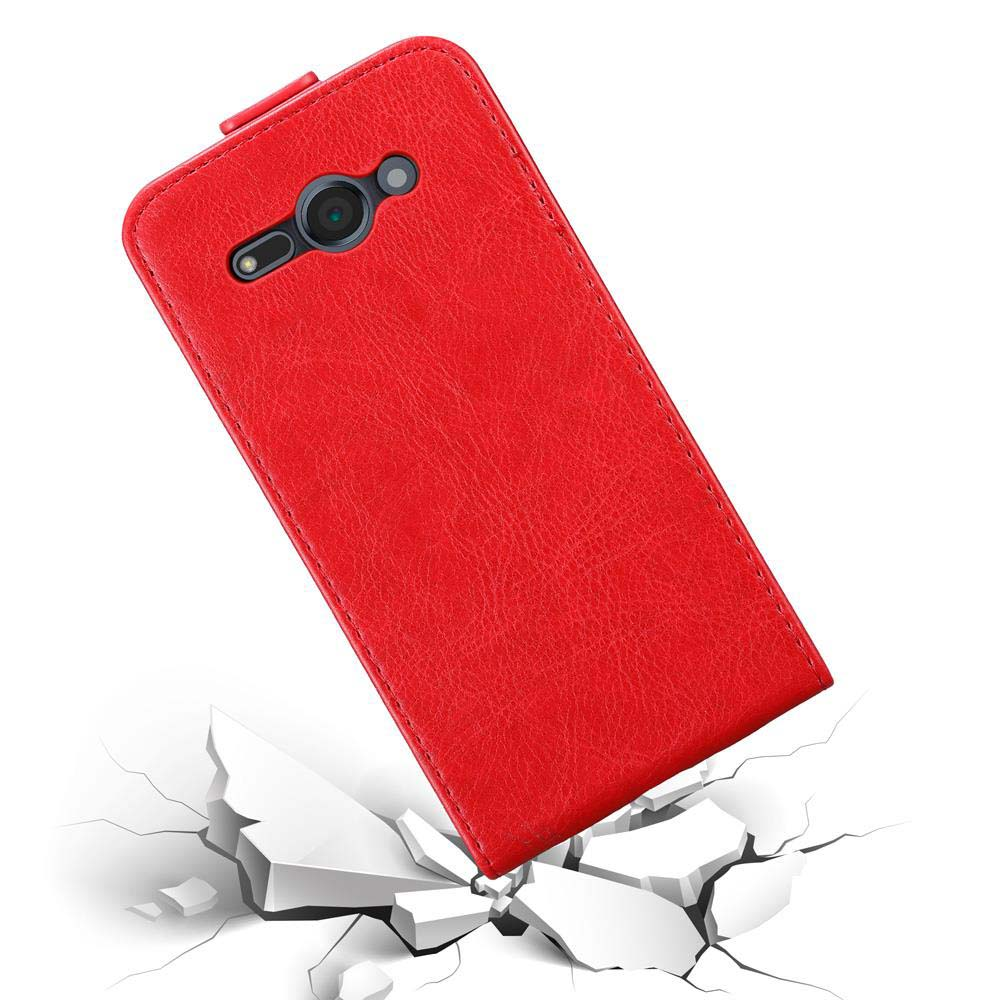 Custodia rossa per telefono inclinata su terreno rotto. Testo: Protezione dalle cadute.