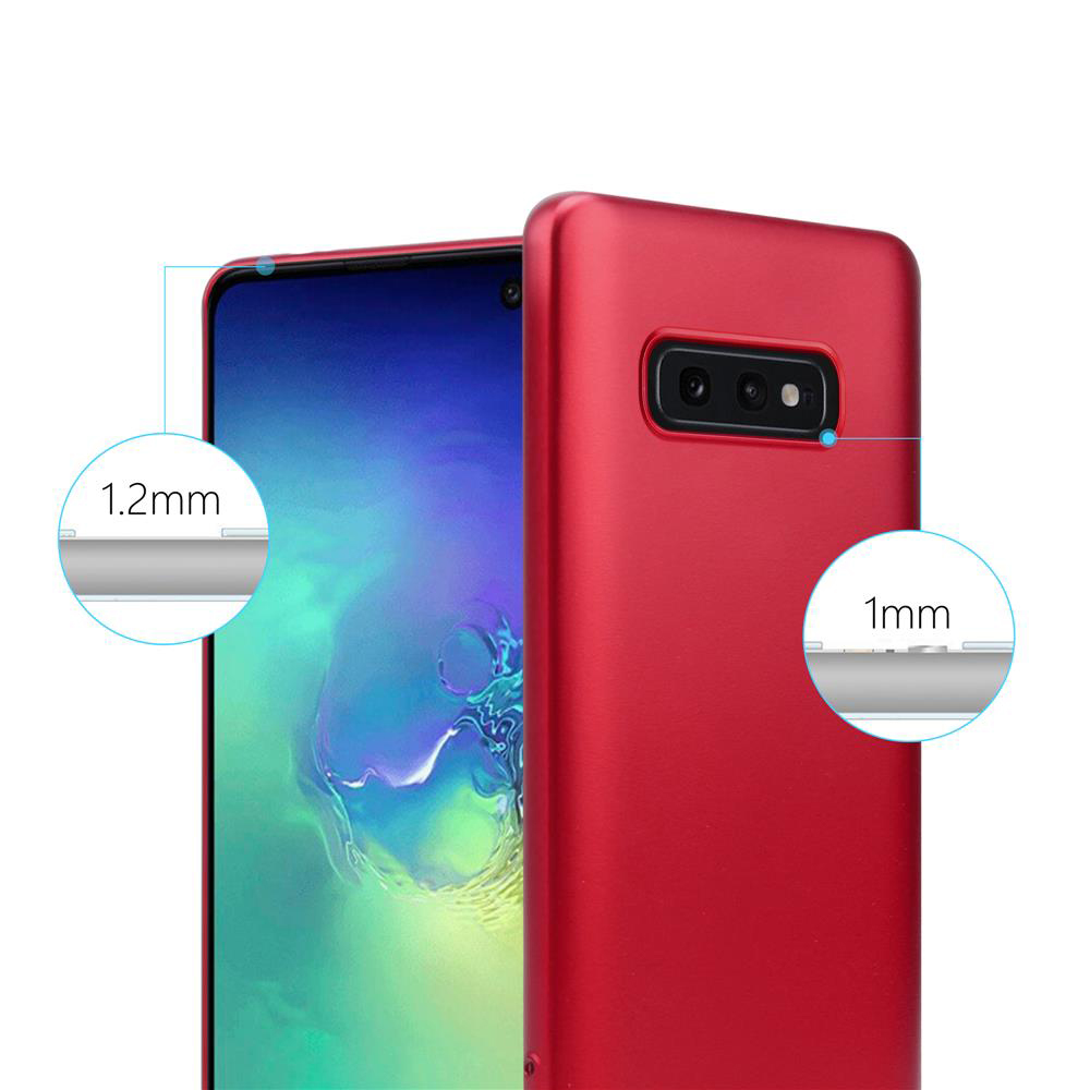 Una custodia rossa per telefono accanto a un telefono. Primo piano mostra spessori di 1,2 mm e 1 mm.