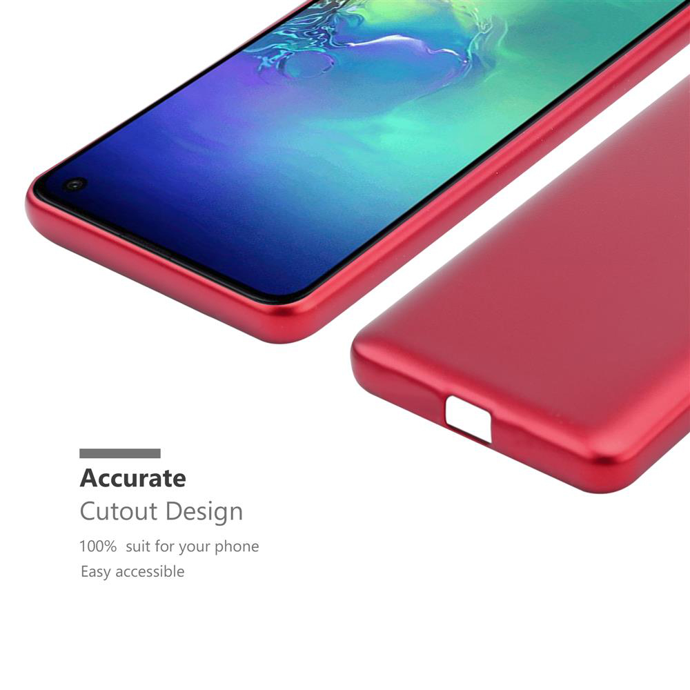 Custodia e telefono rossi con design a taglio preciso. La custodia è rossa.