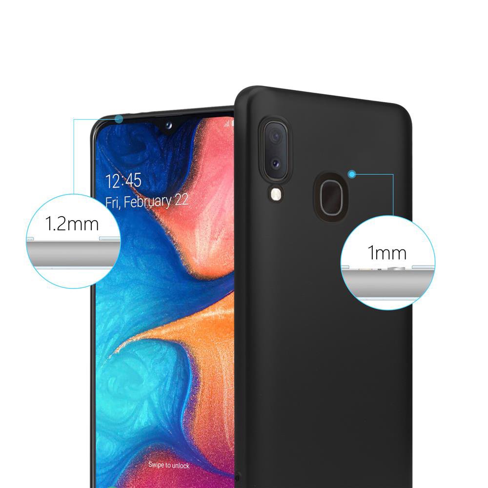 Custodia per telefono nera. Visualizza le 12:45 sullo schermo. Mostra schermo e fotocamera rialzati.