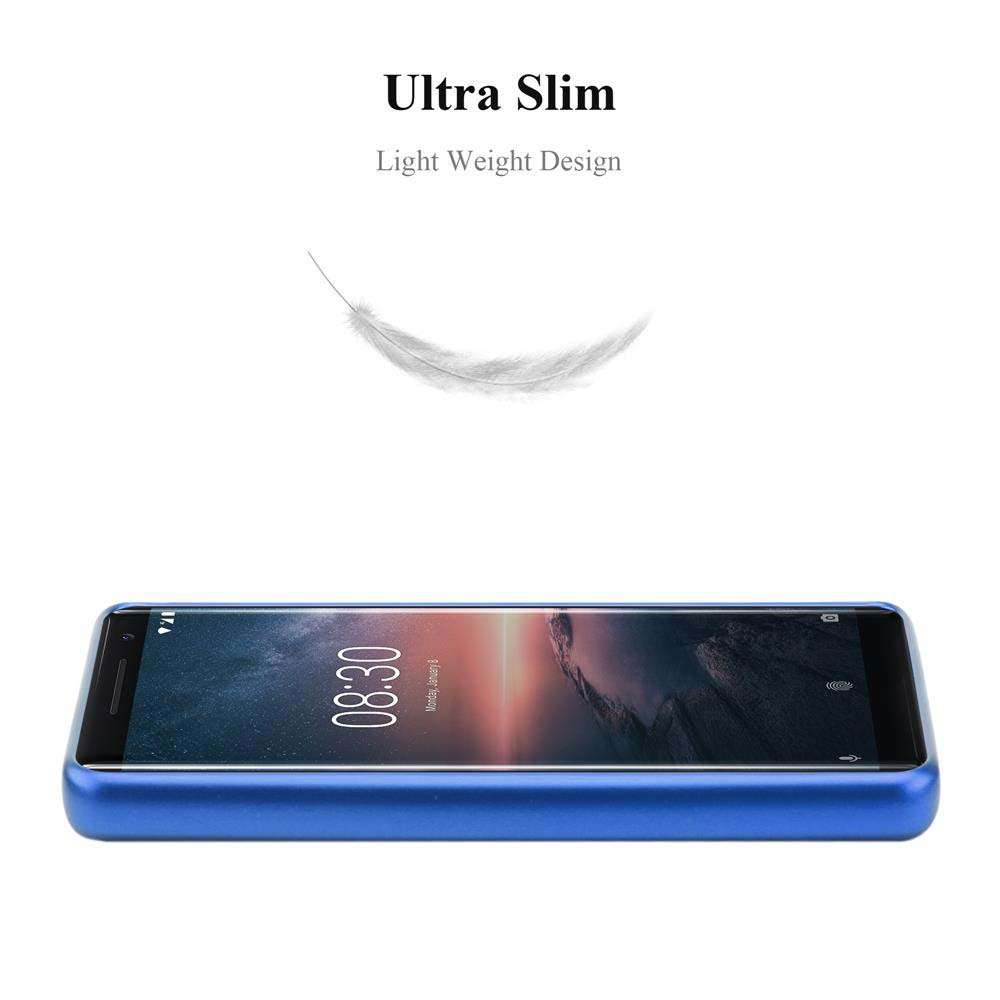 Ein blaues Telefon liegt flach, mit Text darüber: Ultra Slim und eine Federgrafik.
