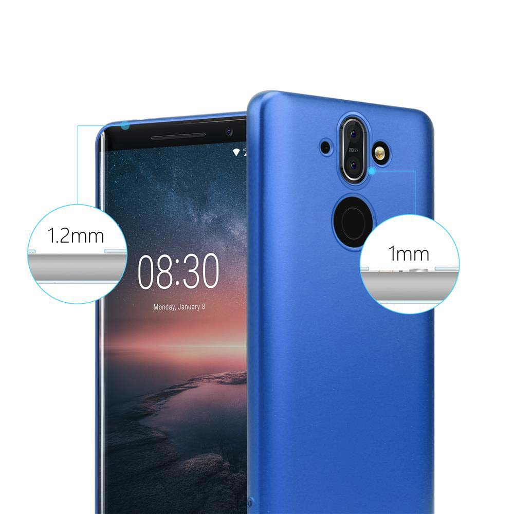 Blaue Handyhülle auf schwarzem Telefon, Zeit 08:30, Messungen: 1,2 mm, 1 mm.
