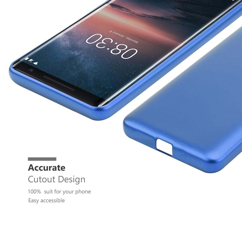 Ein blaues Telefon mit passendem Gehäuse. Das Telefon befindet sich auf der linken Seite.