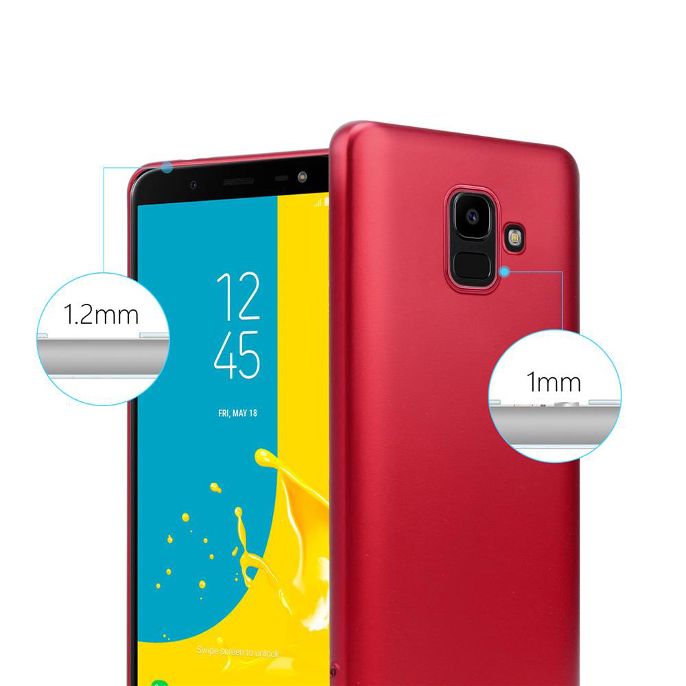Una custodia per telefono rossa accanto a un telefono con schermo giallo, che mostra la differenza di profondità.