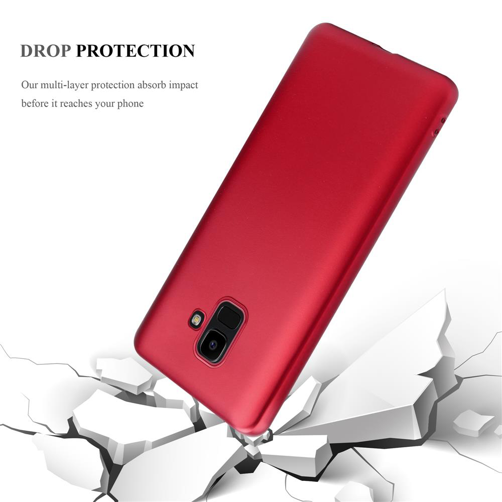 Custodia rossa per telefono che cade, con crepe sul terreno. Testo: Protezione dalle cadute.