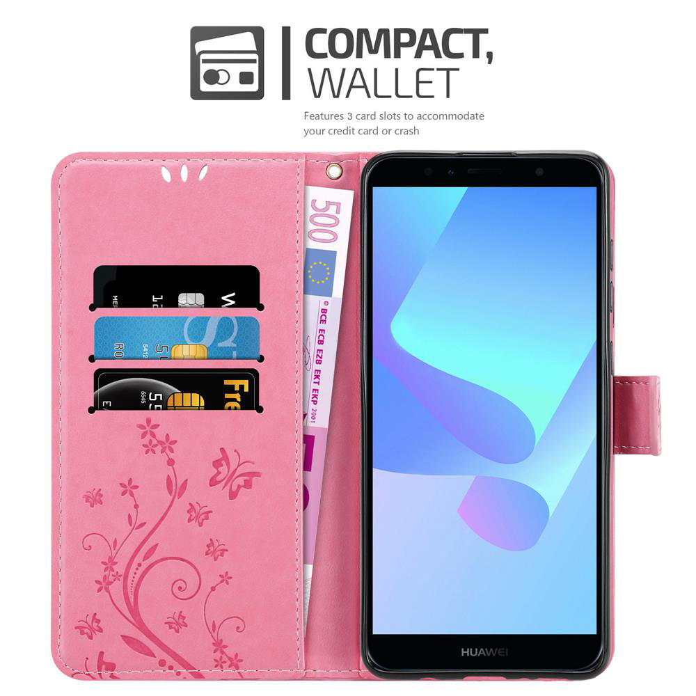 Custodia a portafoglio rosa per telefono con carte e denaro. Lo schermo del telefono è visibile. Testo sugli slot.