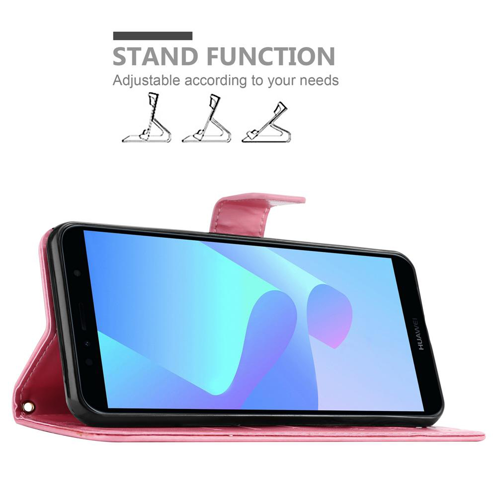 Custodia rosa per telefono con illustrazioni della funzione supporto.