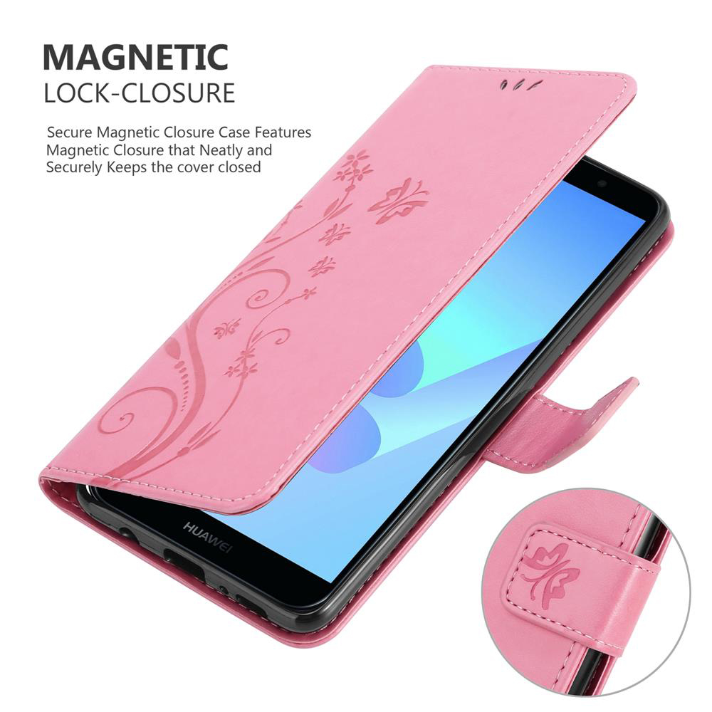 Una custodia per telefono rosa aperta, con un telefono all'interno. La custodia ha un motivo floreale.