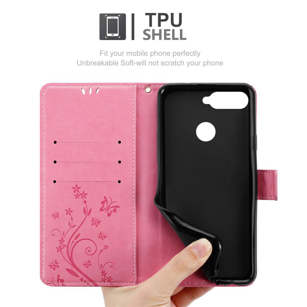 Custodia rosa per telefono con telefono all'interno. Ha un design floreale. Il testo sopra dice TPU shell.