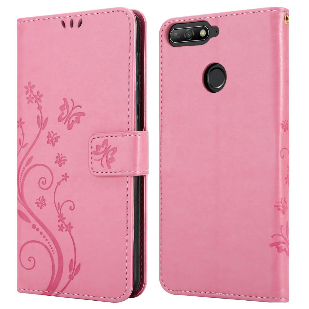 Custodia per telefono rosa con design a farfalla. Aperta, la custodia mostra il telefono all'interno.