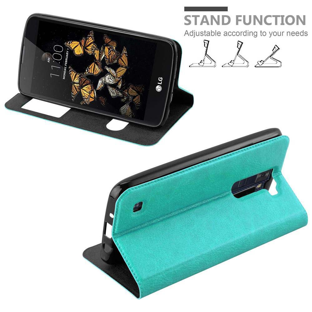 Türkisfarbene Handyhülle mit Telefon, offen. Telefon zeigt Schmetterlingsbild. Standfunktion.