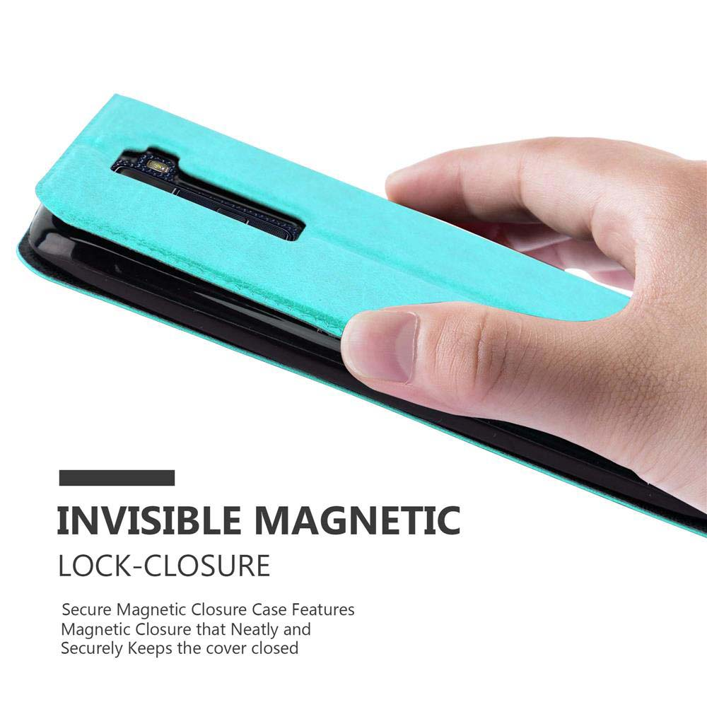 Hand hält eine türkisfarbene Handyhülle. Text hebt die magnetische Verschlussfunktion hervor.