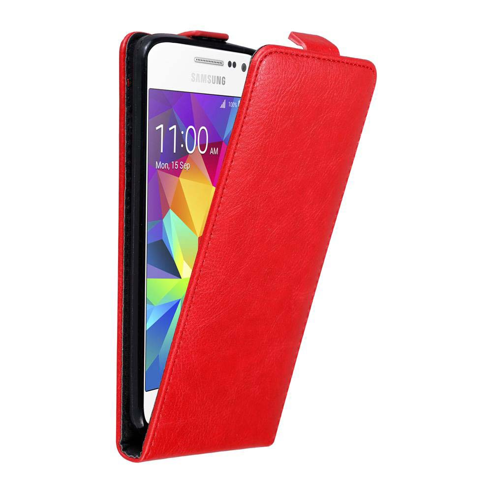 Se muestra una funda roja para teléfono, abierta para mostrar un teléfono.