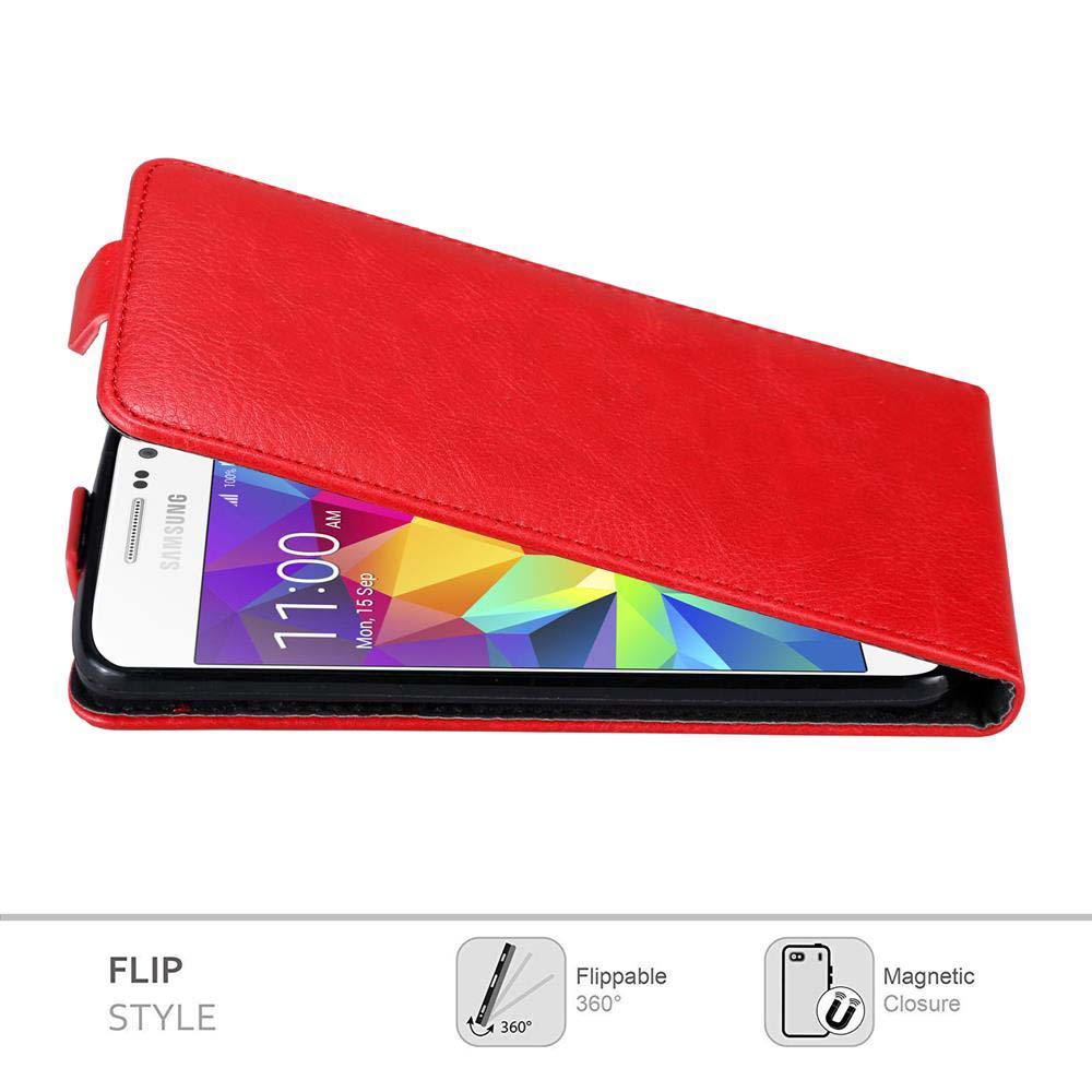 Una funda roja para teléfono plegable, abierta, mostrando la pantalla del teléfono y un cierre magnético.