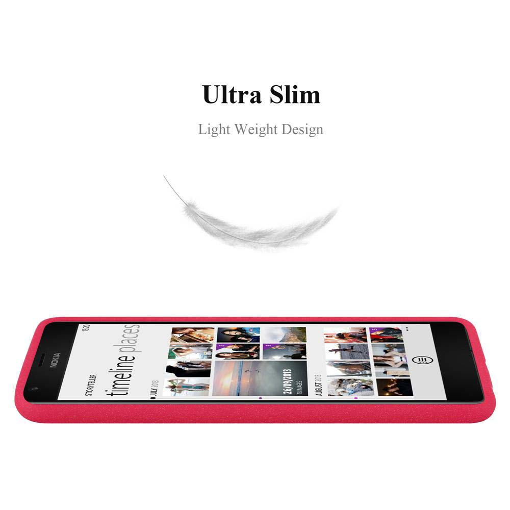Custodia rossa con telefono. Testo: Design ultraleggero. Una piuma in mezzo.