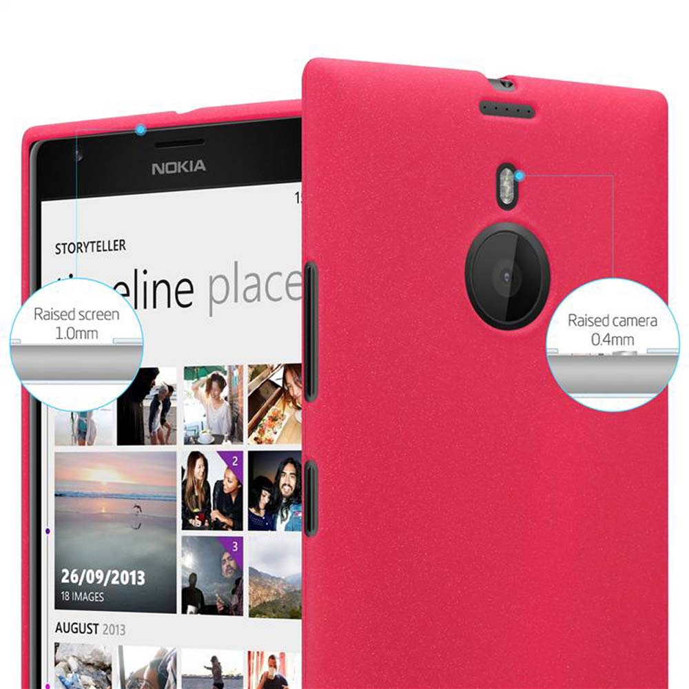 Custodia per telefono rosa. Lo schermo mostra un'interfaccia dell'app Storyteller, con foto ed etichette di testo.