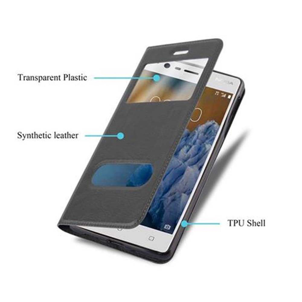 Ein Telefon in einer Hülle mit offenem Deckel, der den Telefonbildschirm zeigt. Text über das Material.