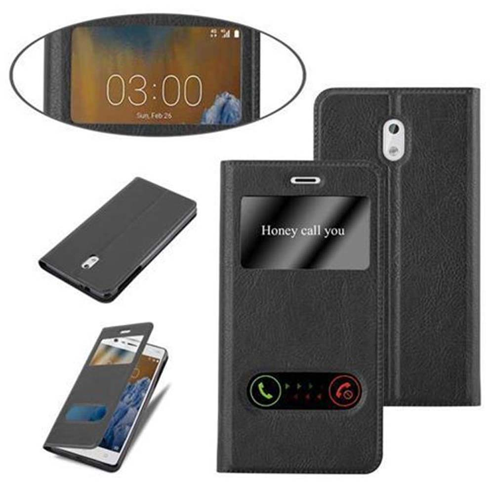 Schwarze Handyhülle mit Fenster, das die Uhrzeit anzeigt. Telefon in der Hülle und eine offene Handyhülle.