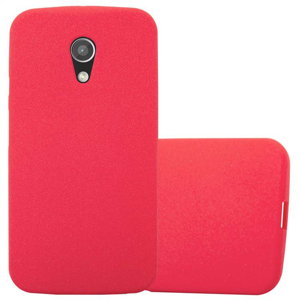 Funda de teléfono roja. Frontal y trasera del teléfono visibles.