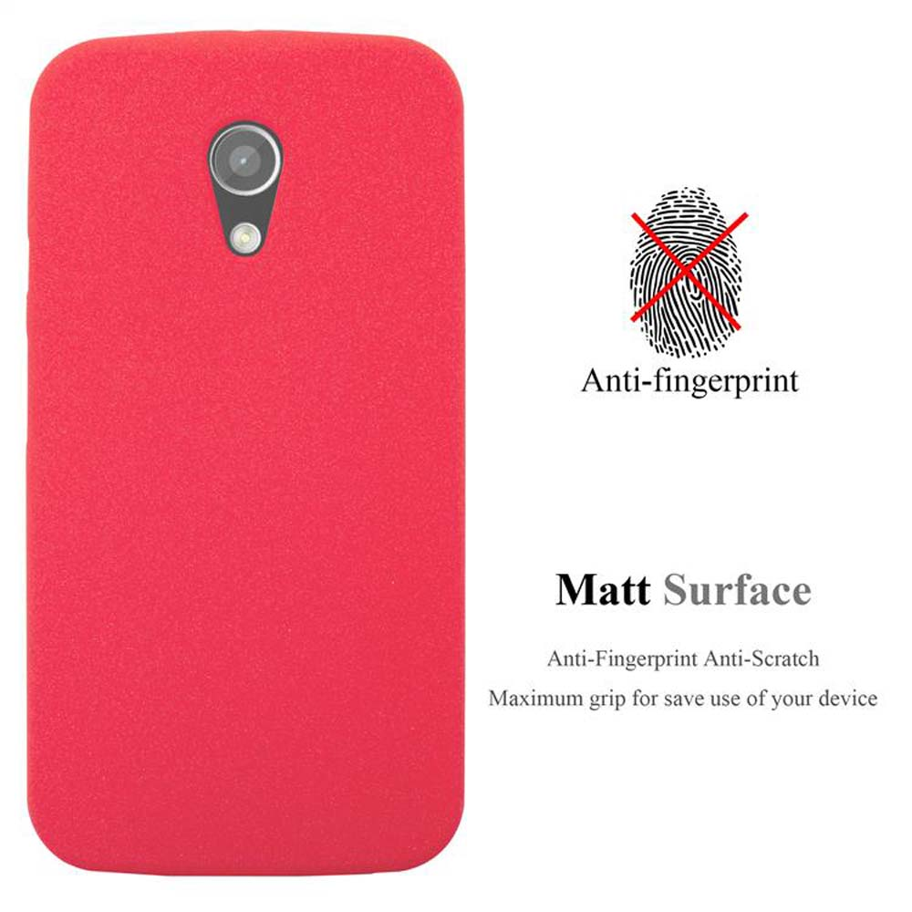 Funda roja para teléfono con anti-huellas y superficie mate. Se muestra un icono de huella dactilar.